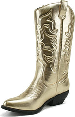 Soda Reno Gold Metallic Pu Western Cowboy Stitched Pointed Toe Fashion Boots