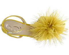 Sam Edelman Leon Ochre Satin Feather Pom Pom Detail Ankle Strap High Heel Sandal