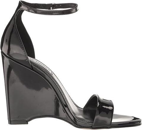 Steve Madden Mallor Black Patent Ankle Strap Round Open Toe Wedge Heeled Sandals