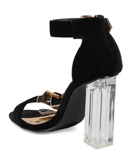 Cape Robbin Maria-16 Black Velvet Open Toe Buckle Square Lucite Clear Block Heel