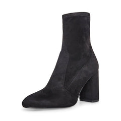 Steve Madden Sora Black Suede Fitted Stretch Block Heeled Fahsion Ankle Boots