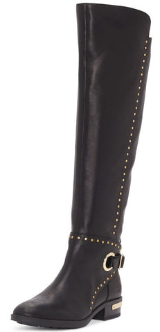 Vince Camuto Poppidal Black Leather Knee High Stretch Riding Block Heel Boots