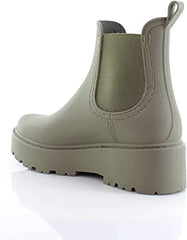 Steve Madden Sahara Olive Elastic Side Panels Pull On Round Toe Heel Rain Boots