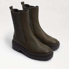Sam Edelman Wellington Alpine Green Leather Block Heel Closed Toe Pull On Boots
