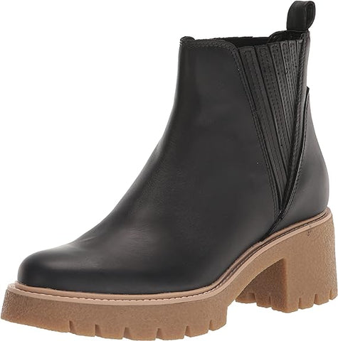 Dolce Vita Harte H2O Black Leather Pull On Chunky Lugged Block Heel Ankle Boots