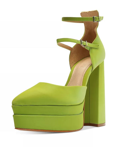 Schutz Elysee Green Double Platform Ankle Strap Pointy Toe Block Heel Dress Pump