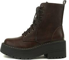 Soda Fling Brown Pu Lace Up Chunky Lug Sole Rounded Toe Combat Ankle Boots