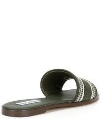 Steve Madden Knox Olive Multi Woven Strap Slip On Open Rounded Toe Flat Sandals