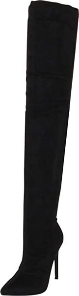 Liliana Gisele-7 Black Thigh High Stretchy Suede Fitted Pointy Stiletto Boot (8)