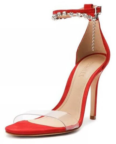 Schutz Lah Club Red Ankle Strap Embellished Open Toe Stiletto Heeled Sandals