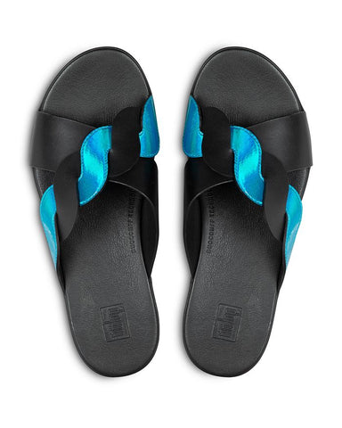 Fitflop Women's Reagan Rope Silp On Slide Sandals Black Blue Leather Slide