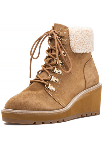 Cecelia New York Geraldine Sand Suede Lace Up Sheep Fur Ankle Welt Detail Boots