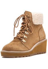 Cecelia New York Geraldine Sand Suede Lace Up Sheep Fur Ankle Welt Detail Boots