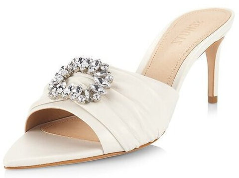 Schutz Meisho Pearl Open Toe Slip On Crystal Embellished Upper Mid Heel Sandals
