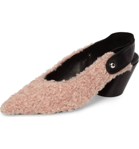 Shellys London Felicia Pink Fuzzy Pointed Toe Angled Heel Block Heel Dress Pumps