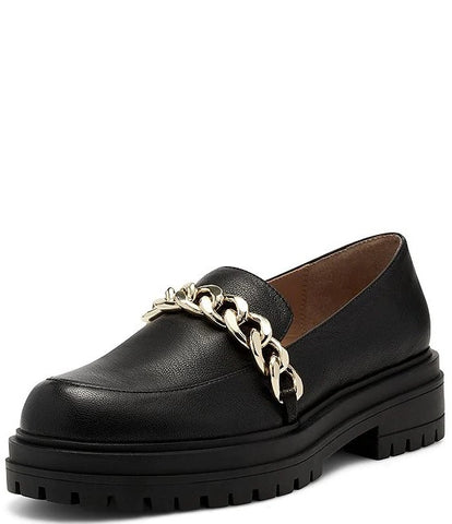 Jessica Simpson Disila Flat Chain Accent Slip On Leather Platform Loafers Black