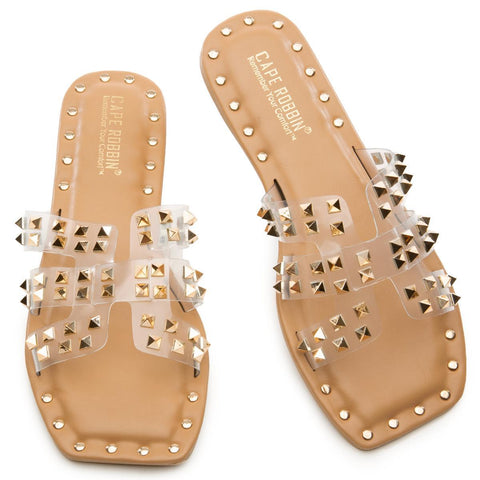 Cape Robbin Amisha Clear Gold Open Toe Mule Classic Toe Slides Flat Sandals