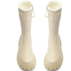Schutz Juany Winter Egg Shell Rounded Toe Mid Calf Lug Sole Block Heeled Boots