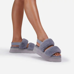 Luxemoda Tata Fluffy Stripe Platform Slip On Open Toe Faux Fur Slippers