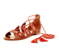 Schutz Sandal Saddle Brown Leather Gladiator Open Toe Wrap Up Flat Sandals