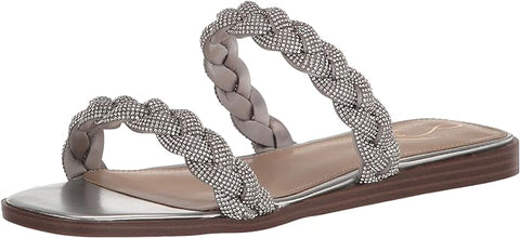 Sam Edelman Inette Soft Silver Strappy Rhinestone Detailed Slip On Flats Sandals