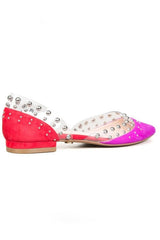 Cecelia New York Min Ballet Flat Clear Pointy Toe Embellished Neon Pink/Ruby Red