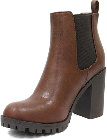 Soda Glove Chelsea Brown Chunky Lug Sole Elastic Gore Wide Ankle Fashion Boots