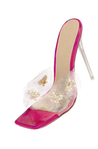 LuxeModa Believe Diamante Gem Detail Square Toe Caged Heel Fucshia Pink Pumps