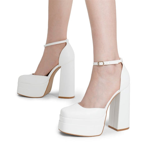 Dream Pairs High Chunky White Fashion Square Toe Ankle Strap Platform Pumps 9