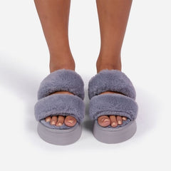 Luxemoda Tata Fluffy Stripe Platform Slip On Open Toe Faux Fur Slippers