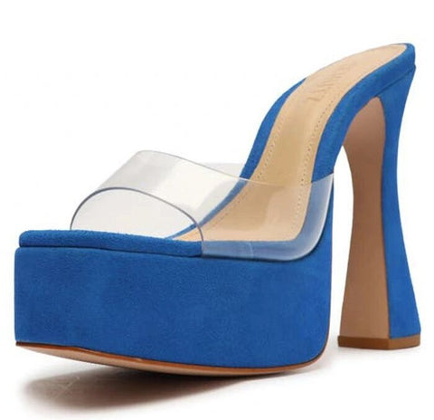 Schutz Haila Bright Blue Slip On Open Toe Block High Heel Platform Sandals
