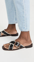 Sam Edelman Harlie Black Slip On Squared Toe Leather Strap Slides Flats Sandals
