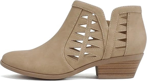 Soda Chance Camel Pu Perforated Cut Out Stacked Block Heel Ankle Booties