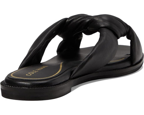 Cole Haan Anica Black Leather Open Toe Slip On Knotted Strap Flat Slides Sandals