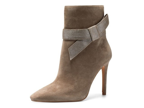 Vince Camuto Frezal Dark Taupe Suede Bootie Pointed Toe Strapped Ankle Boot