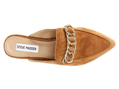 Steve Madden Faine Cognac Suede Pointed Toe Slip On Chain Detail Flat Mules
