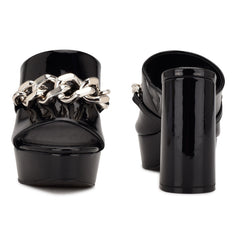 Nine West Relee Black Slip On Rounded Open Toe Chain Detailed Platform Sandals