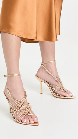 Schutz Tinah Platina Gold Woven Vamp Ankle Strap Open Toe Stiletto Heel Sandals