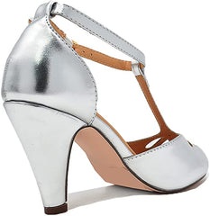 Chase & Chloe Kimmy-36 Teardrop T-Strap Mid Heel Pumps Silver