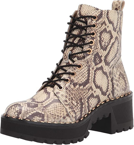 Vince Camuto Mecale Natural Snake Chunky Heel Combat Booties Lace Up Moto Boots