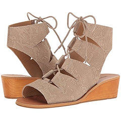 Lucky Brand Gizi Sandal Feather Grey Low Wedge Tie Up Open Toe Ankle Sandals
