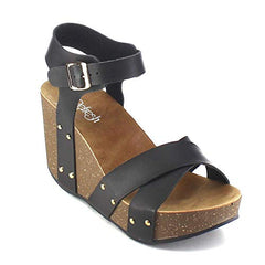 Refresh Mara-05 Black Fashion Ankle Strap Criss Cross Platform Wedge Sandals