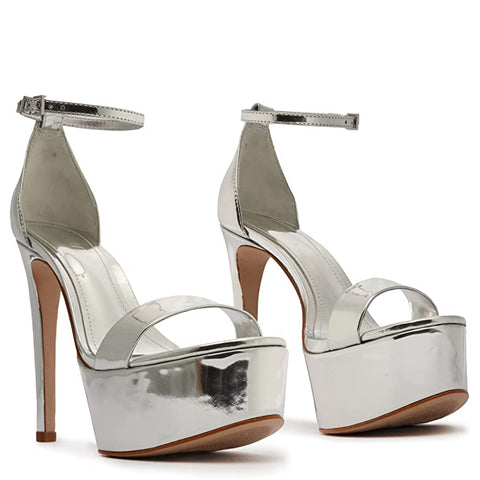 Schutz Cadey-Lee Silver Sleek Buckle Ankle Strap High Heel Platforms Sandals