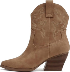 Soda Blazing Taupe Pu Pointed Toe Stitched Block Heeled Western Ankle Boots