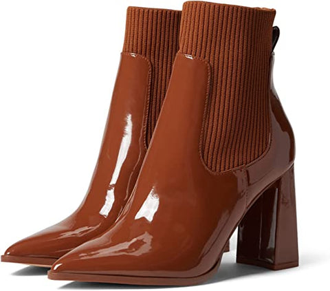 Steve Madden Scavenge Cognac Patent Pull On Pointed Toe Stylish Heeled Boots