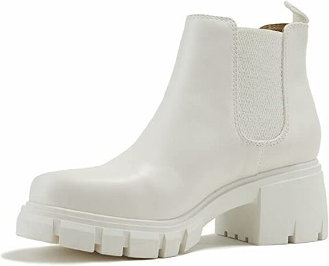 Soda Pioneer White Lug Sole Elastic Gore Chelsea Fashion Wide Ankle Boots