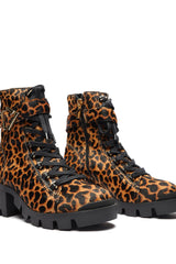 Schutz Calista Leopard Print Lace Up Round Toe Platform Mid Heel Combat Boots