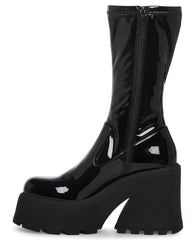 Steve Madden Arrow Black Leather Rounded Toe Chunky Heeled Platform Fashion Boot