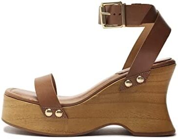 Schutz Lansy Deep Beige Buckle Ankle Strap Wooden-Sole Wedges Style Sandals