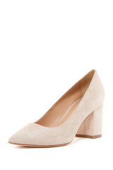 Pour La Victoire Val Pointed Toe Block Heel Dress Slip On Kid Suede Sand Pump